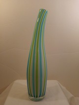 Vintage Hand-Blown Blue/ Green Candy Striped Vase Bent Neck Art Glass Va... - £27.59 GBP