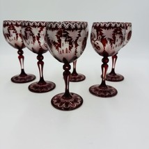 Bohemian Egermann Cut To Clear Ruby Red Wine Etched Glasses Set Vintage - $327.25