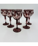 Bohemian Egermann Cut To Clear Ruby Red Wine Etched Glasses Set Vintage - £257.33 GBP