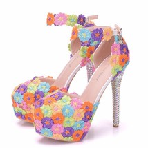 Crystal Queen multicolor  Lace Flower Bridal Shoes High Heel Round Toe Wedding P - £60.02 GBP