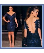 Blue Lace Gauze Portrait Neckline Backless Short Sleeve Prom Evening Min... - £47.92 GBP