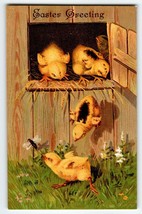 Easter Postcard Baby Chick Chases Flying Insect Bug Barn Door Embossed Germany - £14.22 GBP