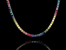 3mm Multi-Color Simulated Gemstone Tennis  Necklace in Solid 925 Silver - 16&quot; - £180.40 GBP
