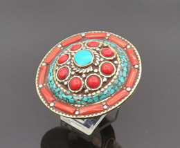 925 Silver - Vintage Large Red &amp; Aqua Turquoise Domed Ring Sz 7 - RG26523 - $128.82