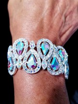 Rhinestone Bracelet Stretch, AB Statement Bracelet, Crystal Pageant Prom Jewelry - £39.87 GBP