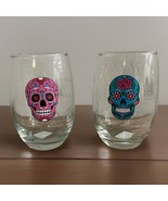 Set Of Two 15oz Stemless Wine Glasses Sugar Skull Dia de Los Muertos Hal... - $285.11 MXN
