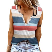 Women&#39;S Summer Ring Hole Sleeveless V-Neck Tank Top Loose Fit Striped Workout At - £28.23 GBP