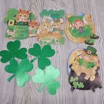 St. Patricks Day Die Cut Shamrock Leprechaun Kittens Cutout Decorations Vtg - $17.99