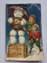 Victorian Snowman Children Merry New Year Postcard 1223 Gel Germany PC15 Schloss - £23.96 GBP