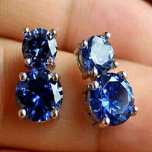 Delicate 6Ct Round Cut CZ Blue Sapphire Stud Earrings 14K White Gold PLated - £89.14 GBP