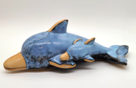 Ceramic Drip Glazed Blue Dolphin Momma And Baby Pottery 10&quot; Long - $21.13