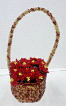 Vintage Hand Beaded Basket w Red &amp; Yellow Flowers Glass &amp; Wire 5 inch - $29.21