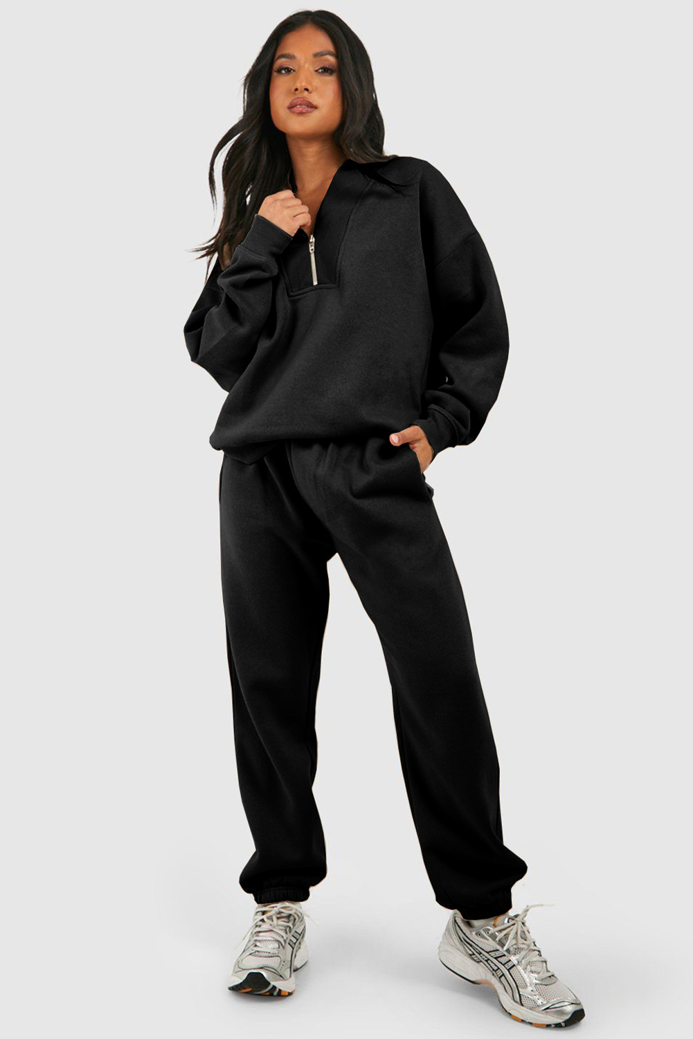 Black Plain Half Zip V Neck Ribbed Edge Loose Tracksuit - $53.68
