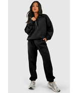 Black Plain Half Zip V Neck Ribbed Edge Loose Tracksuit - $53.68