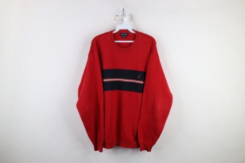 Vtg 90s Nautica Mens Large Distressed Cotton Knit Color Block Sweater Sa... - $33.62