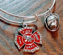 New Women&#39;s Firefighter Bracelet, Crystal Maltese Cross &amp; Helmet Charms, Silver - £12.62 GBP
