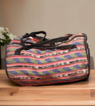 Duffel Bag Travel Gym Hand Woven Fabric Black Linen Cotton 19.5&quot; Guatemala - £23.14 GBP