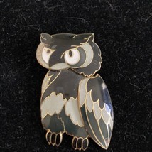 Vintage Enameled Owl Gold Tone Black Gray Pin Brooch Angry Owl - £11.13 GBP