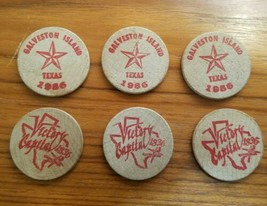 6 Vintage 1986 Galveston Island Wooden Nickels Victory Capital 1836 1 1/... - $9.74