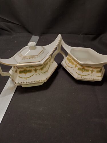 Primary image for Vintage Porcelin Cream & Covered Sugar Bowl Germany, Green & Gold w/Red Stamp