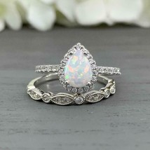  2.00Ct Pear Cut Opal &amp; Diamond Halo Wedding Bridal Ring Set 14K White Gold Over - £69.53 GBP