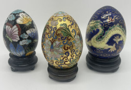 Lot Of Three Gorgeous Vintage Cloisonné Eggs On Wood Stands Butterflies - £25.61 GBP