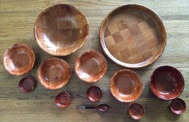 Vintage 13 Pc Set 1970&#39;s Pressed WeaveWood Wooden Salad Bowl Platter Wood Spoon - £37.89 GBP