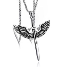 Mens Womens Archangel Michael Angel Wing Sword Pendant Necklace Silver Chain 24&quot; - £9.37 GBP