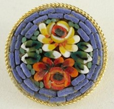 Vintage Costume Jewelry MICRO MOSAIC Floral Glass Inlay Brooch Pin 1&quot; Wide - £15.49 GBP