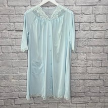 Vintage Shadowline Baby Blue Nylon Robe Lace Floral Trim Size S 37&quot; long... - £27.12 GBP