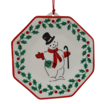 Vintage MCM Porcelain Snowman Plate Christmas Tree Ornament Holly Berries - £11.85 GBP