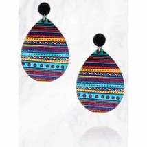 Multicolor Aztec Pattern Wooden Teardrop Dangle Drop Earrings - £11.07 GBP