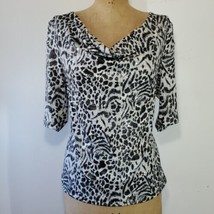 Bon Worth Size L Blouse Cowl Neck Black White Animal Print 3/4 Sleeve Stretch - £13.64 GBP