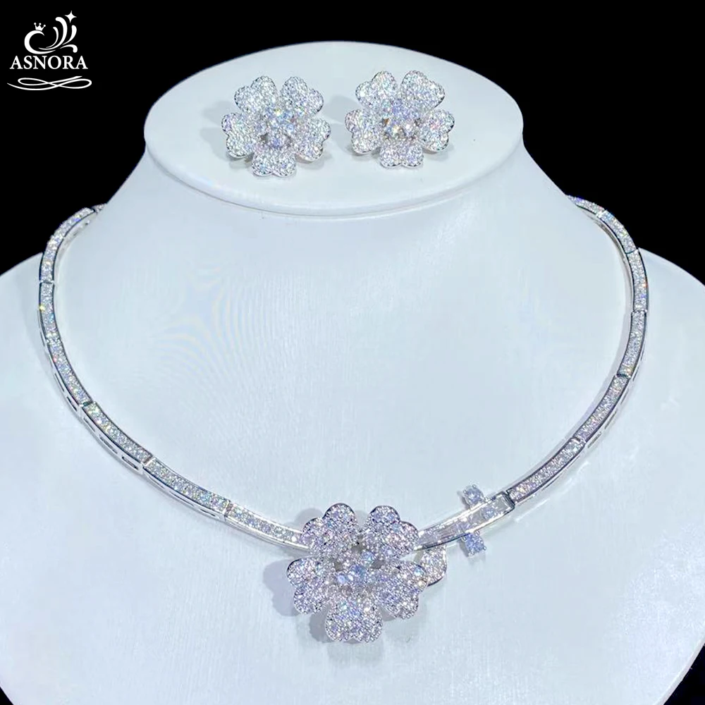 Fashion CZ Jewelry Set, Elegant Flower Necklace And Earrings, European Jewelry B - £53.74 GBP