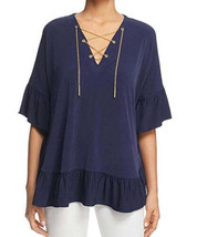 MICHAEL Michael Kors Womens Ruffle Trimmed Chain Lace Up Top, X-Small, True Navy - £86.04 GBP