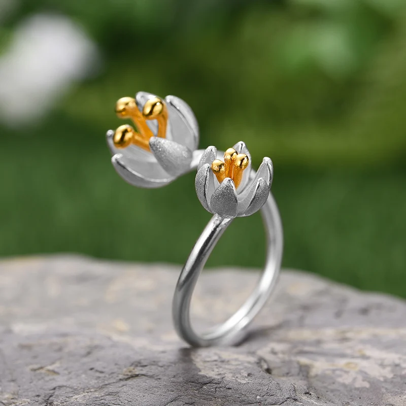 Lotus Fun Real 925  Silver  Handmade Designer Fine Jewelry Adjustable Fresh Bloo - £45.19 GBP