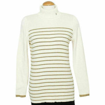 RALPH LAUREN Cream Gold Metallic Striped Logo Cotton Rib Turtleneck Sweater 1X - £39.95 GBP
