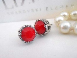 Swarovski Stud Earrings / Coral Red Opal Crystal Studs / Art Deco Pierced Post E - £24.35 GBP
