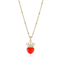 Red Enamel &amp; Cubic Zirconia Crown Heart Pendant Necklace - £10.45 GBP