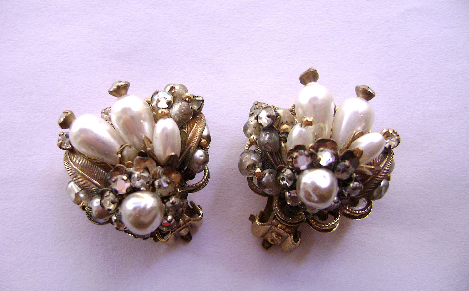 Vintage Robert Clip Earrings Baroque Pearl Rhinestone Rose Montees Flower  - $33.00