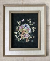 Vintage Groovy Kitsch Framed Mixed Media Mushroom Art On Velvet Flower Power - £93.87 GBP