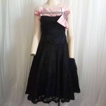 Vtg Kenpass Rhinestone Black Lace Sample Dress 1990s Cocktail Prom Pink Satin S - £228.92 GBP