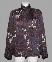 VTG Colorful Paisley Jacobean Blouse Pleated Front Gathered Neck &amp; Cuffs Wm&#39;s L? - £23.17 GBP