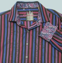 Robert Graham Men&#39;s Shirt Long Sleeve Striped Black Purple Pink Flip Cuffs L - £39.14 GBP