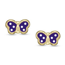 14K Yellow Gold Baby Children Screw-Back Butterfly Earrings Enamel White Purple - £32.83 GBP