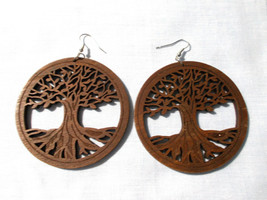 Dark Brown Wood Tree Of Life Cut Out Xl Rounds 3&quot; Long Pair Of Earrings Element - £5.99 GBP