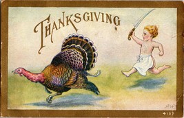 Thanksgiving Postcard Boy Chase Turkey Dinner Running Antique Vtg Unpost... - $14.99
