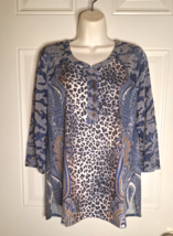 One World Blue Multi-print Tunic Top Blouse 3/4 Sleeve 1/4 Button Down Size Med - £14.88 GBP