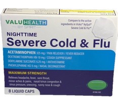 ValuHealth Nighttime Severe Cold &amp; Flu Relief 8 Liquid Caps-Maximum Stre... - $143.54 MXN
