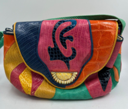 Vintage 1990s SHARIF Hobo Shoulder Color Block Leather Bag Seashell Patchwork - £69.59 GBP